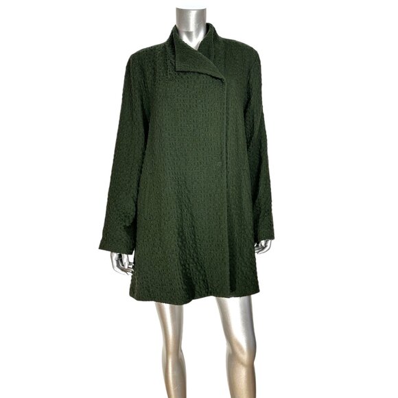 Eileen Fisher Waffle Dark Green Wool Blend Coat With Asymmetric Collar L - Picture 4 of 8